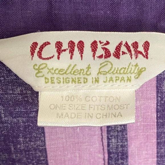 ichiban Purple Striped Cotton Open Front Vintage Belted Robe Butterfly Kimono